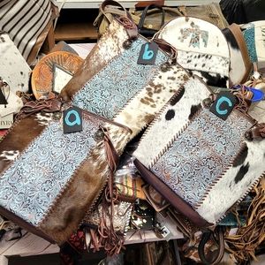 Blue Ripples Embossed Cowhide Leather Fringe Bag Myra Copper